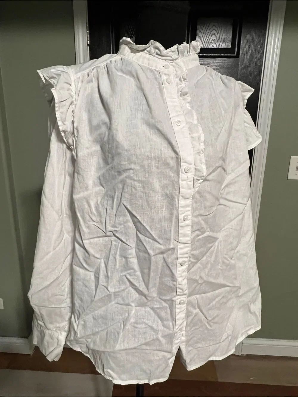 H&M White Linen-Blend Button Shirt with Ruffle Trim